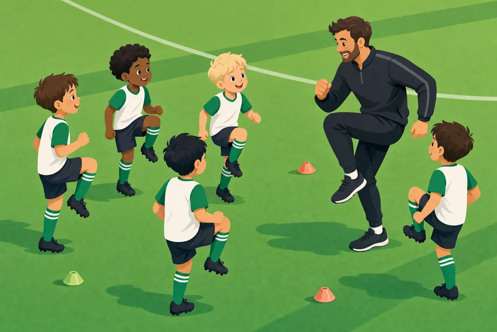 Children doing a warm-up exercise with a coach on a football pitch