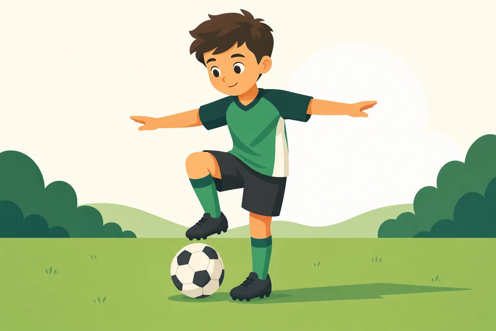 A young player balancing on one leg with a foot on the ball