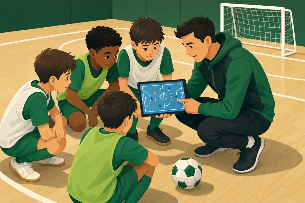 A coach shows young players a futsal pattern on a tablet