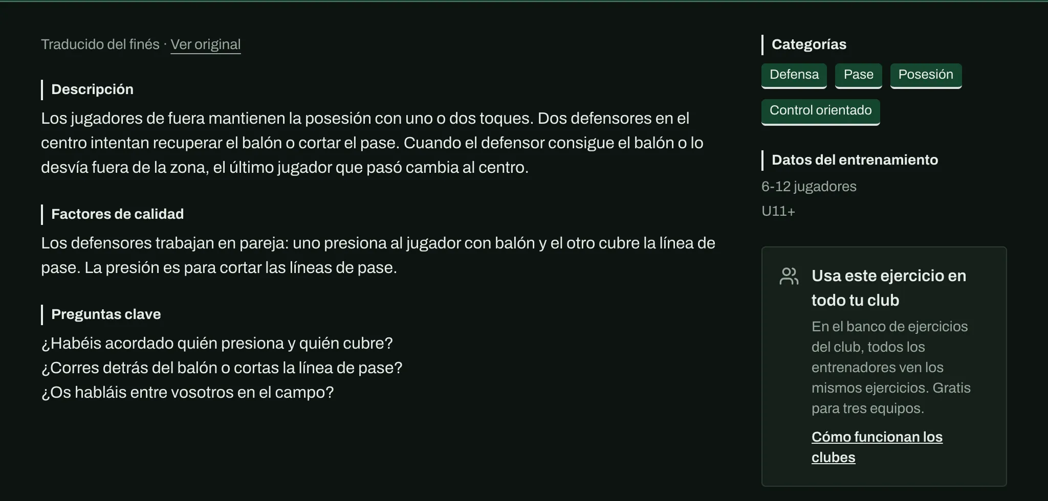 A drill written in Finnish, shown in Spanish: Traducido del finés · Ver original above the description