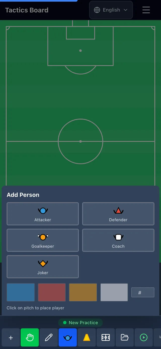 Add person menu open with the pitch visible behind it — tactics board