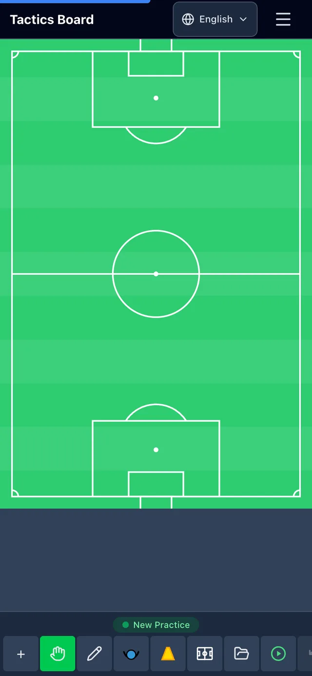 Planner on a portrait phone: a marked pitch filling the screen — tactics board
