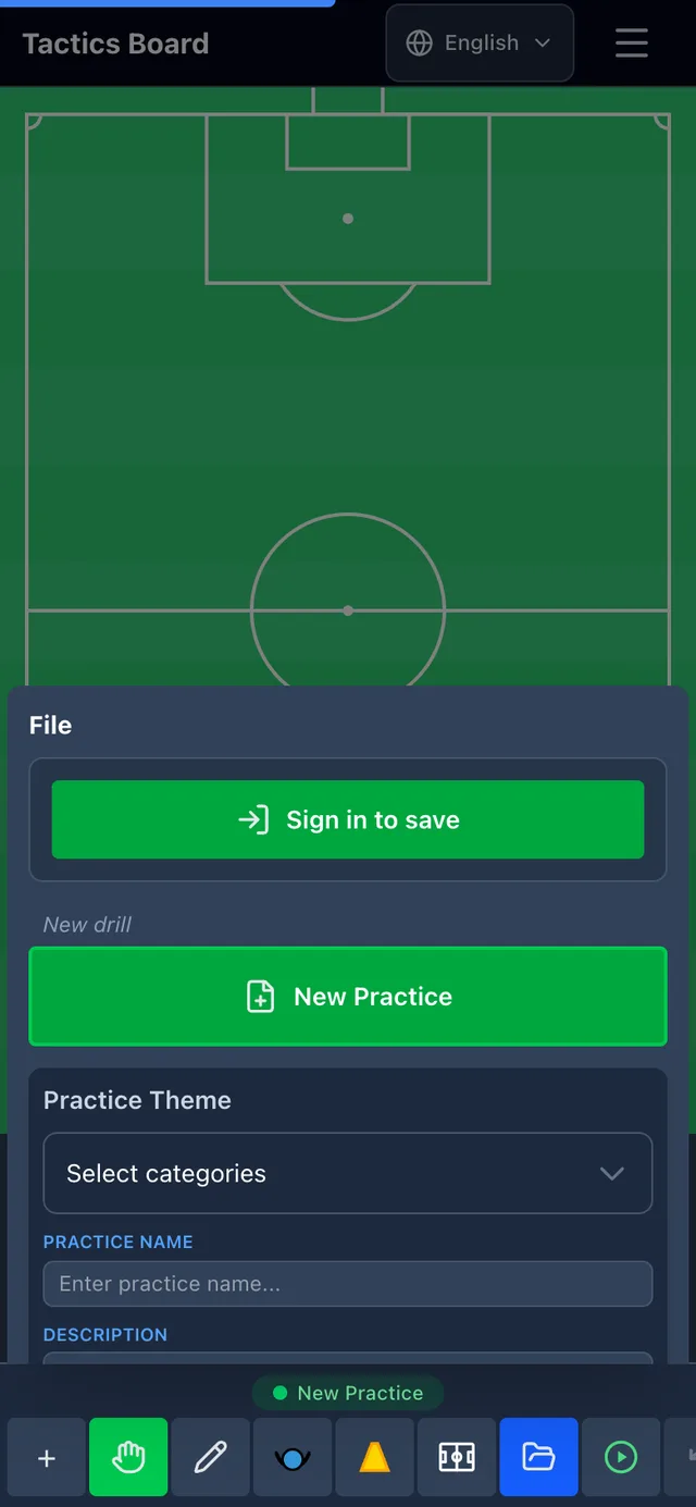 File menu open: drill theme, name and description next to saving — tactics board
