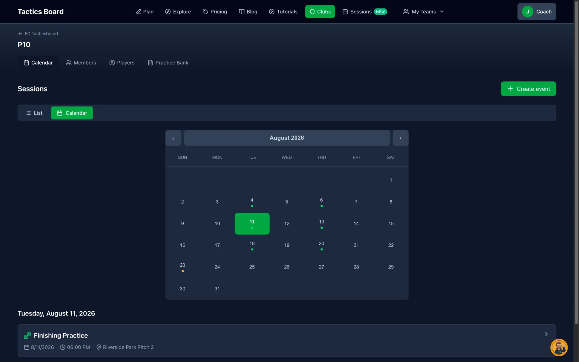 Team calendar — TacticsBoard