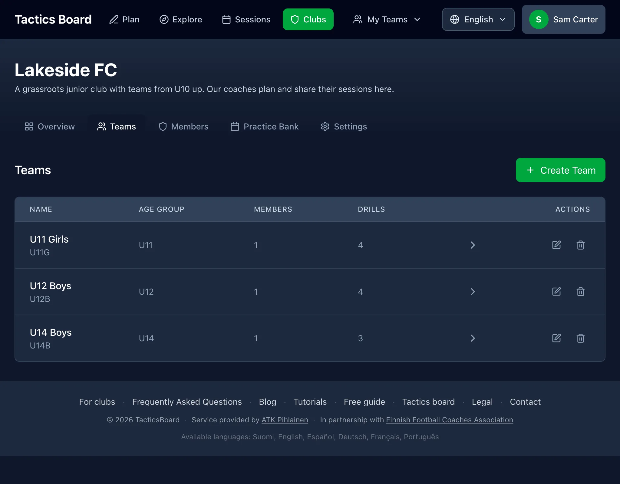 The club's team list: three age-group teams