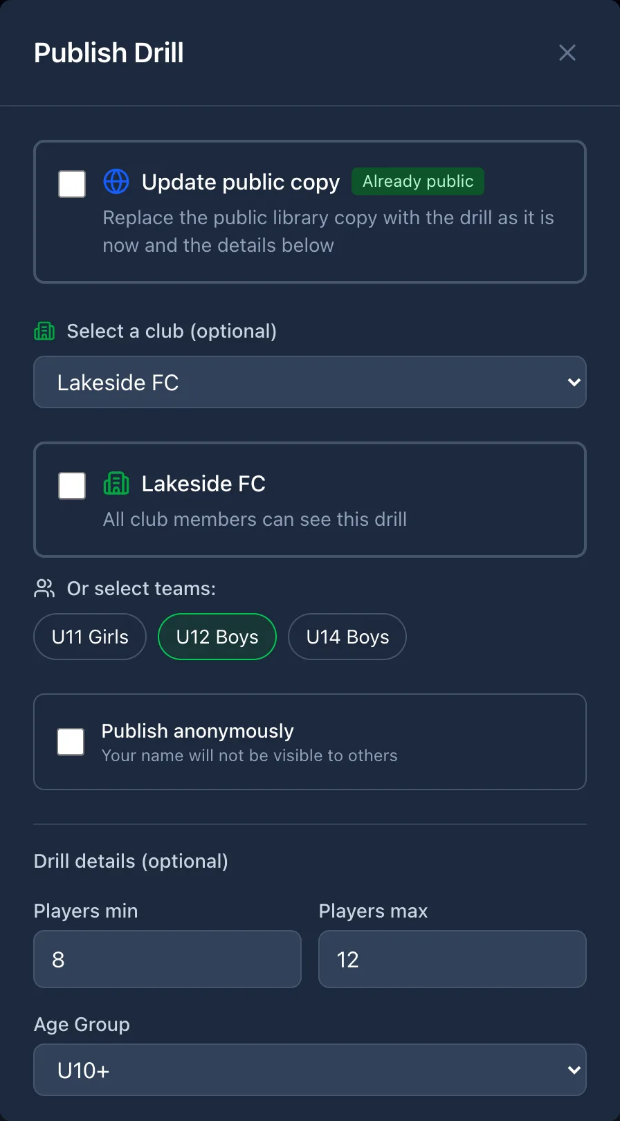 Publish Drill dialog: entire club or selected teams