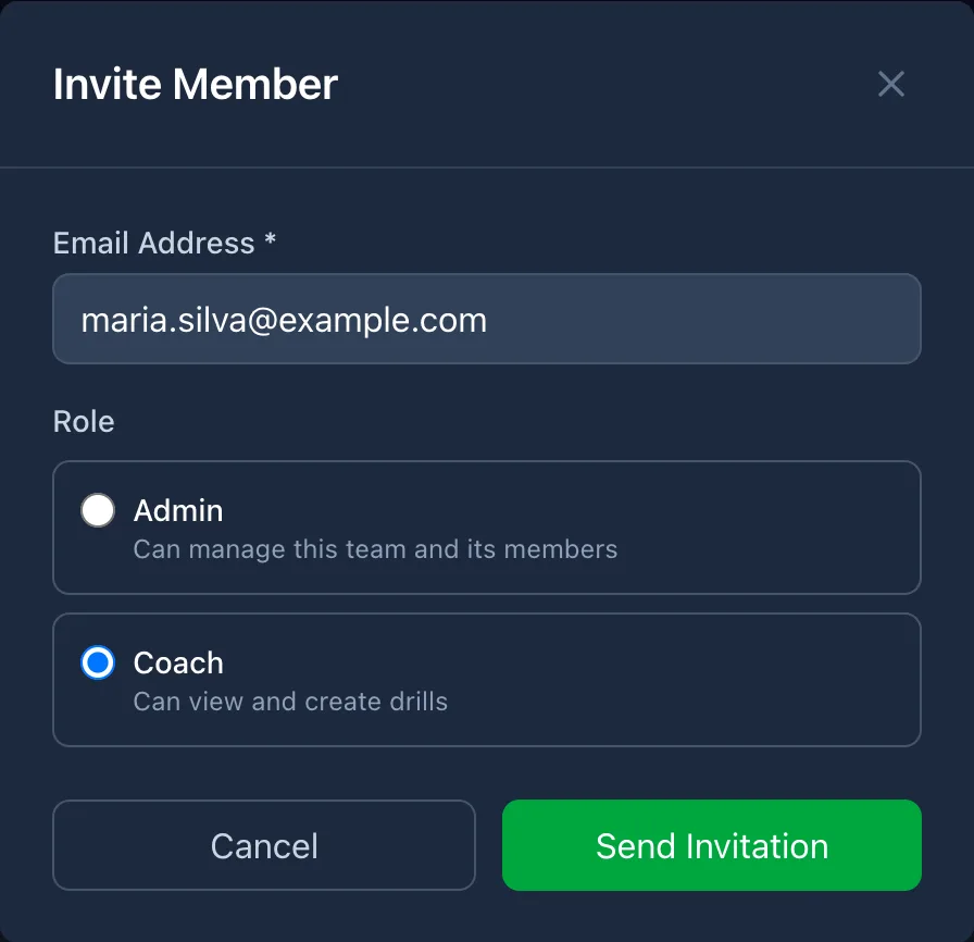 Invite Member dialog: email and role