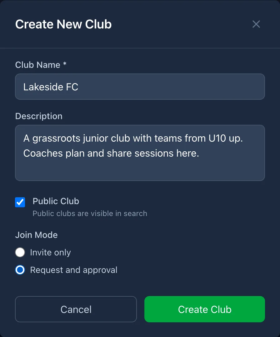 Create Club form: name, description, visibility and join mode