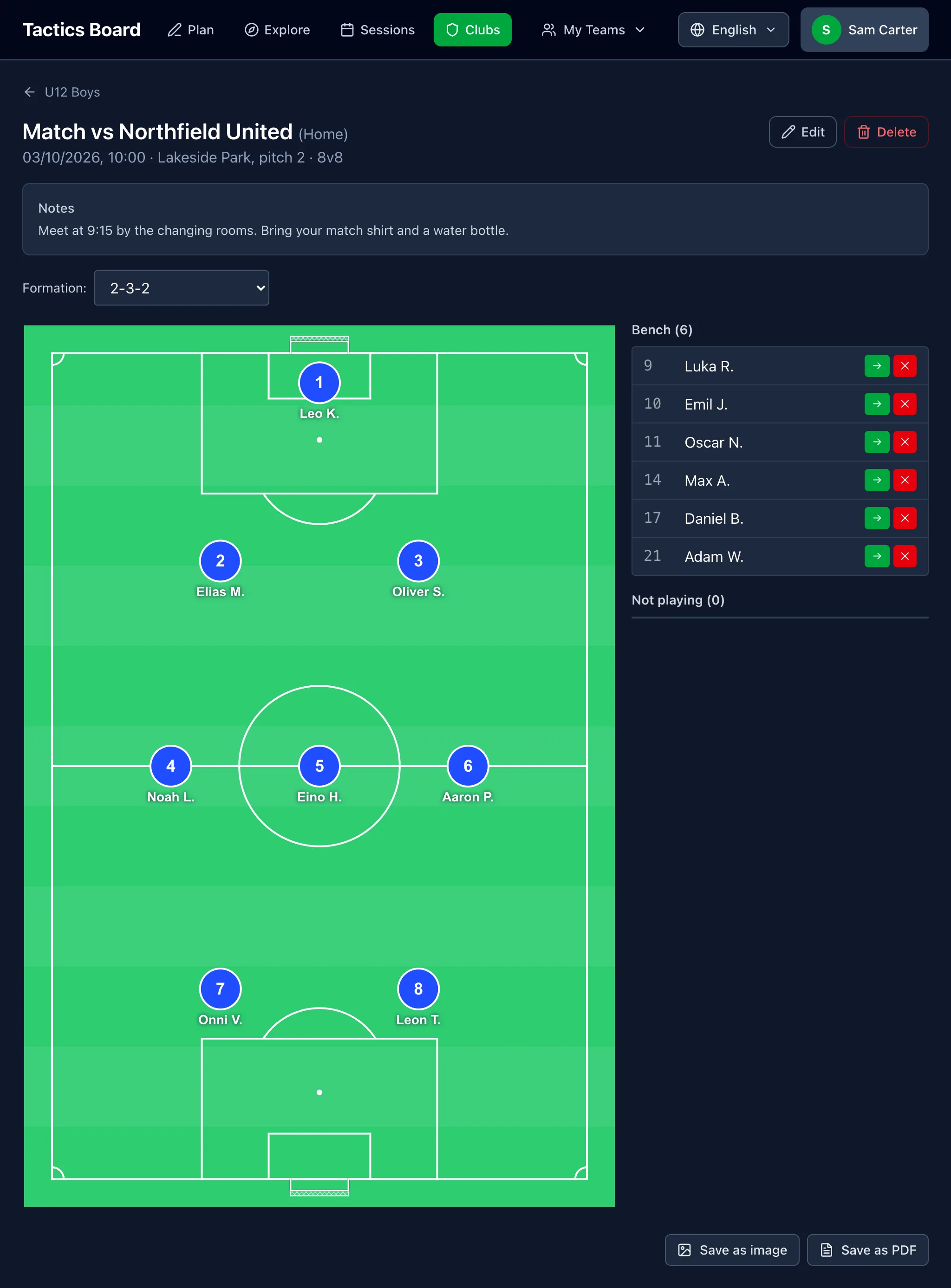 Match line-up on the pitch with the bench