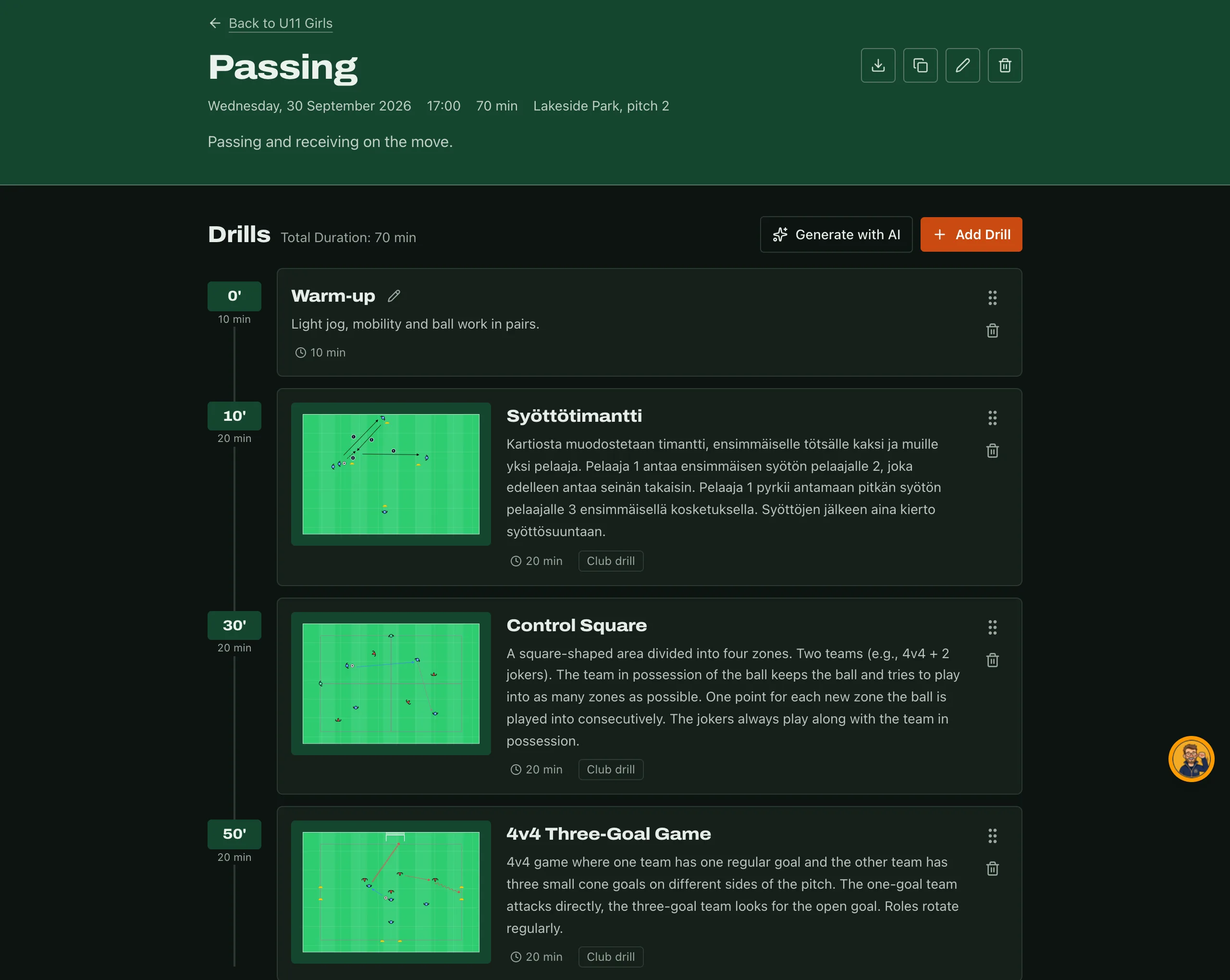 A session as a timeline: drills with their start minutes