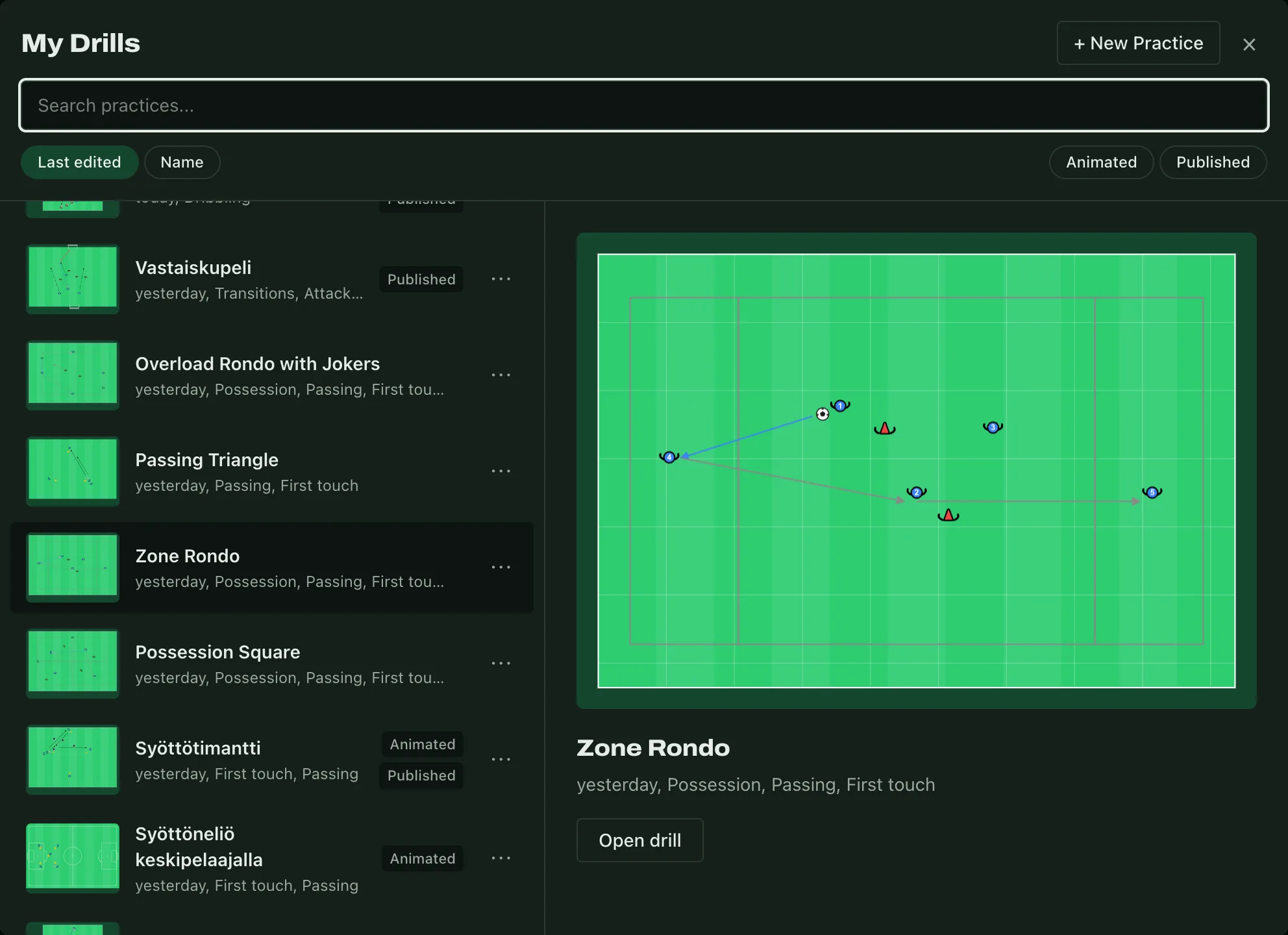 The My Drills dialog: drills as pictures in a list and a large preview on the right