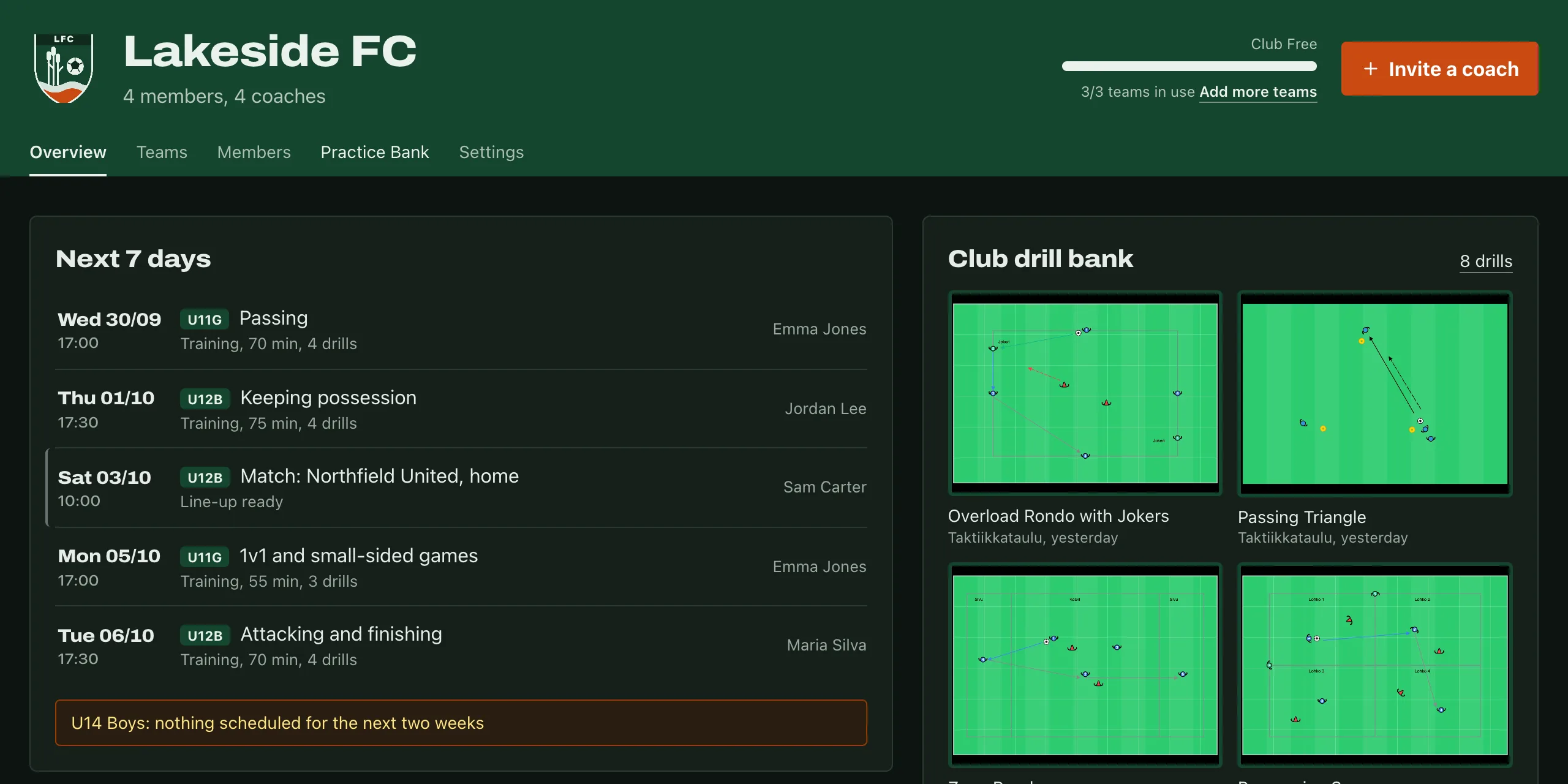 Club overview: the next 7 days, with matches marked