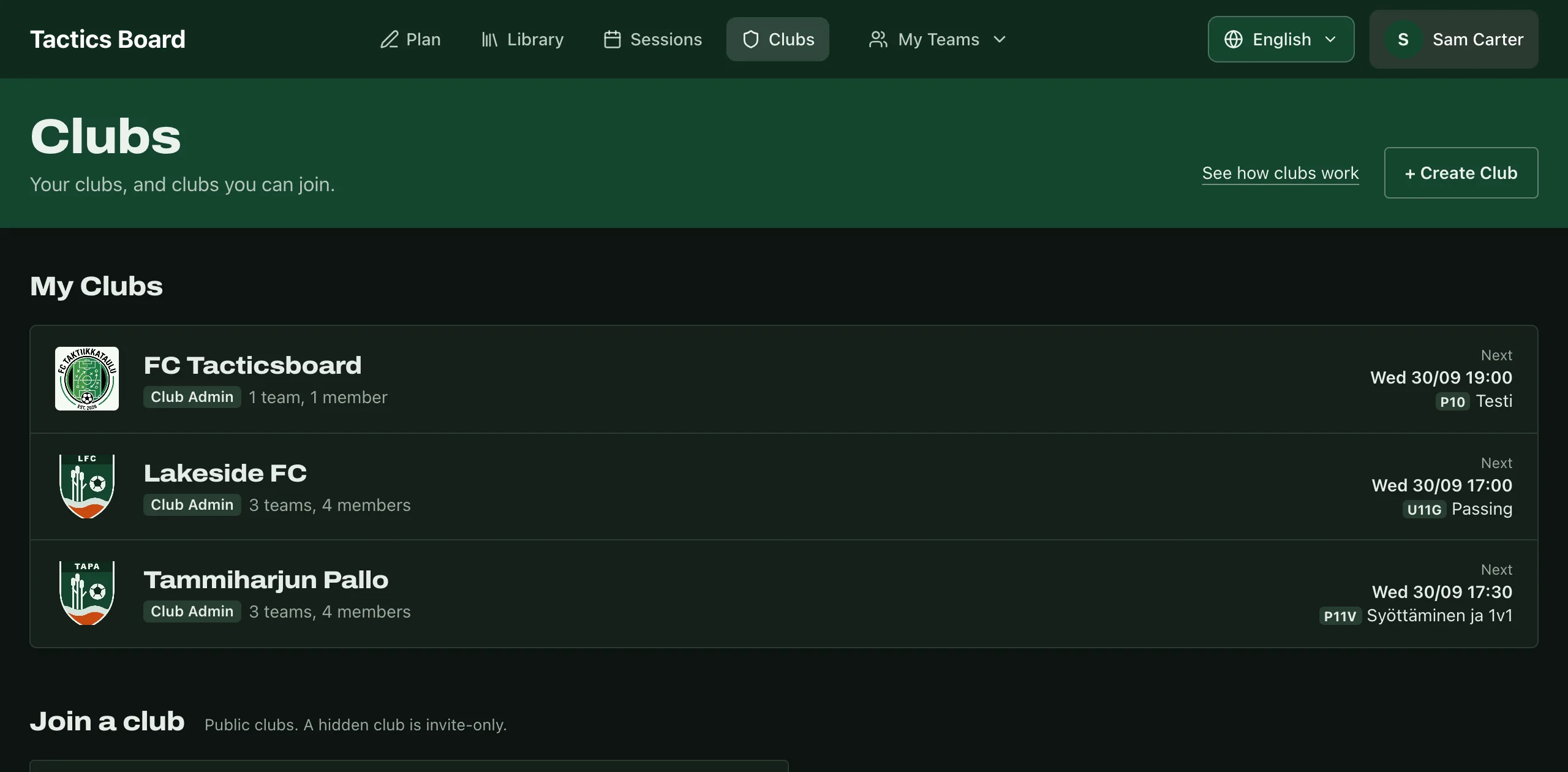 The Clubs page: own clubs as rows and the join search below