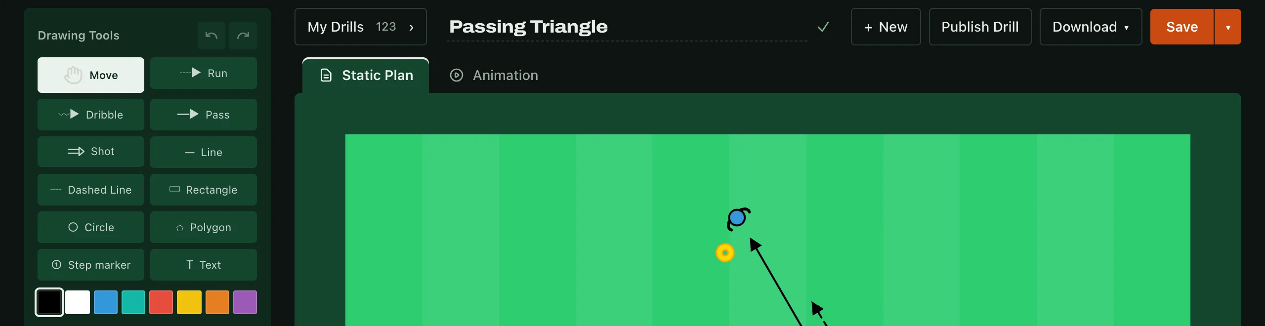 The planner's top bar and the mode tabs on the pitch frame