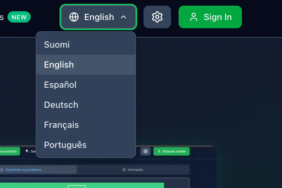 Language menu: Suomi, English, Español, Deutsch, Français and Português
