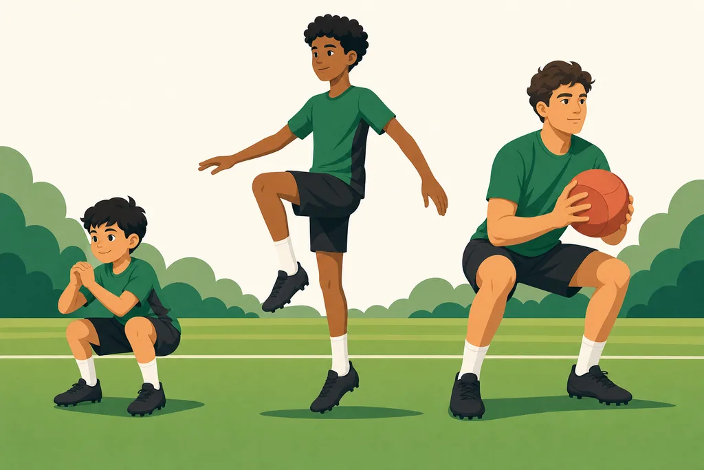 Three youth players at different stages of growth doing strength exercises on a pitch