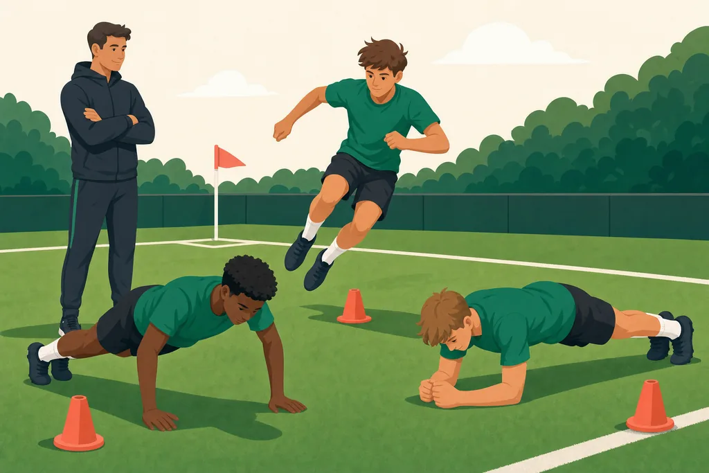 Youth players doing a strength circuit on the corner of a football pitch